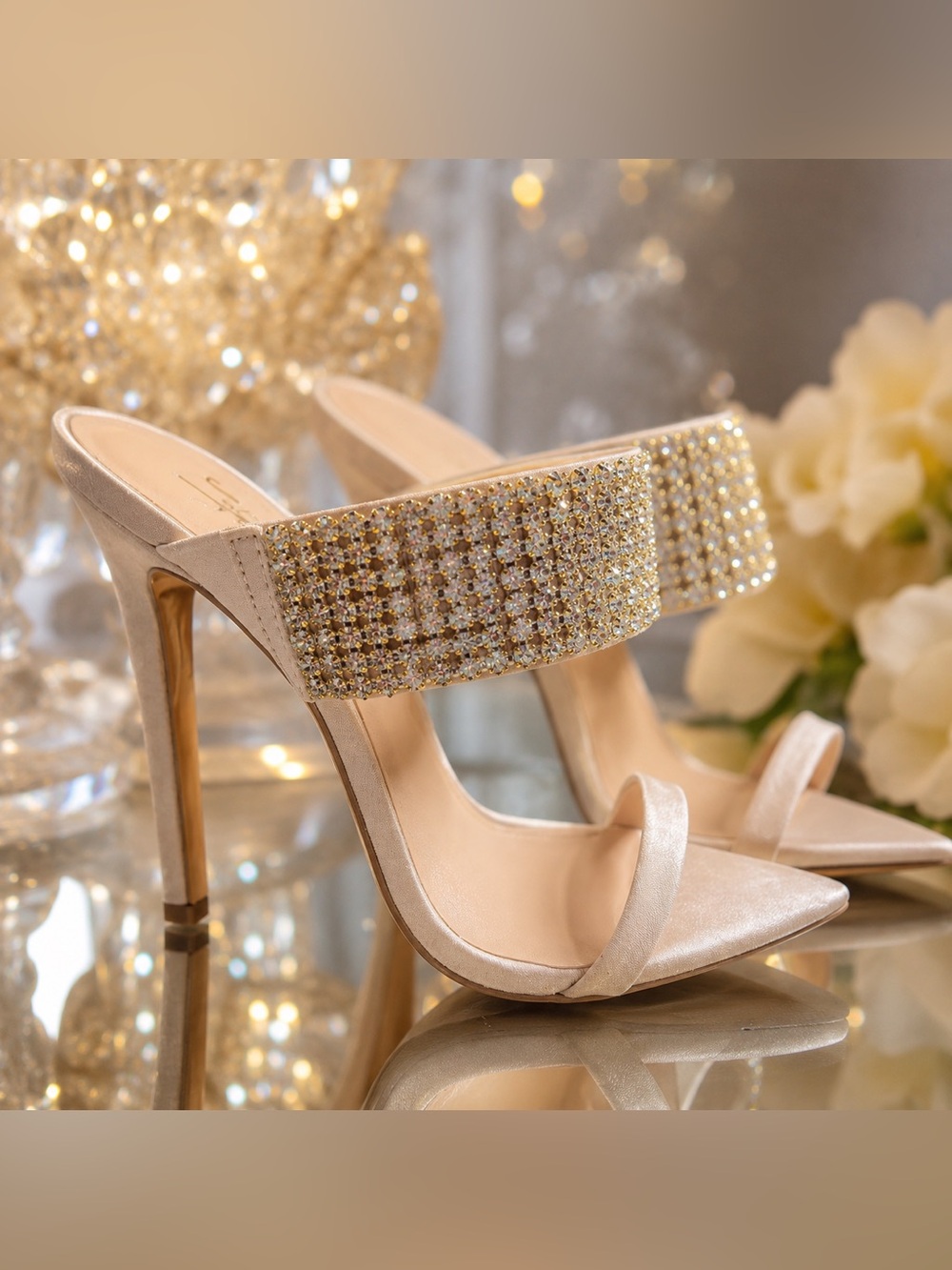 Jennifer Lopez Rhinestone Crystal Mule Heels 7.5 Nude Gold Wedding Bridal NWT